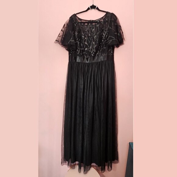 NWT Ever Pretty Black A-Line Tulle Sequin Flutter Sleeve Gown Long Formal Dress - Picture 3 of 11